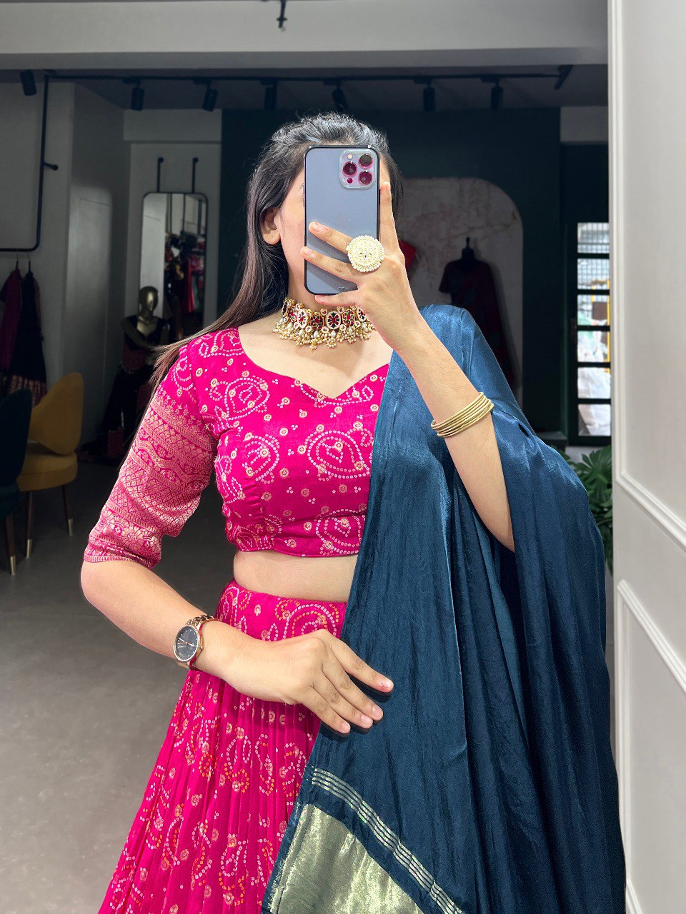 Pink Color Viscose Dola Silk Printed With Zari Weaving Border Lehenga Choli