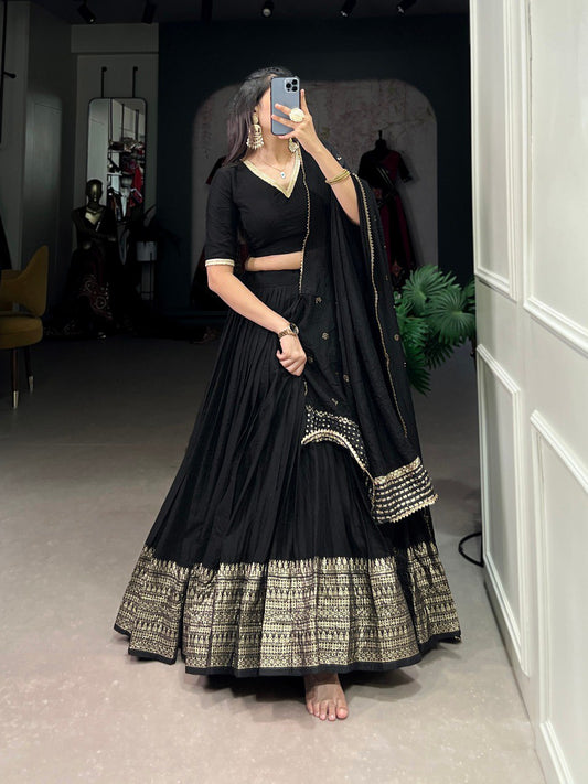 Black Color Pure Chanderi Plain With Zari Weaving Work Border Lehenga Choli