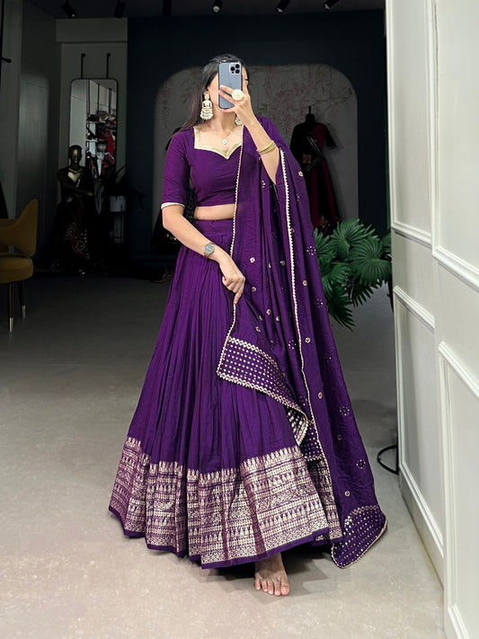 Dark Purple Color Pure Chanderi Plain With Zari Weaving Work Border Lehenga Choli