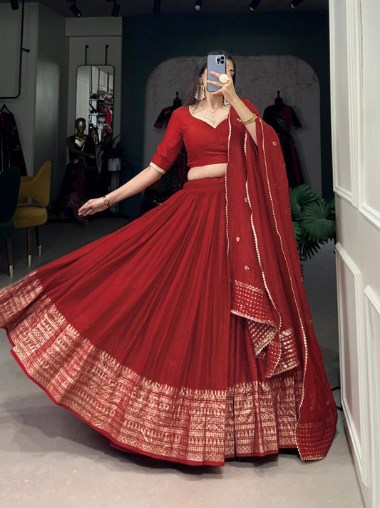 Red Color Pure Chanderi Plain With Zari Weaving Work Border Lehenga Choli
