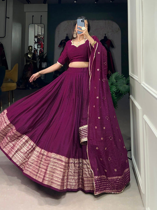 Wine Color Pure Chanderi Plain With Zari Weaving Work Border Lehenga Choli