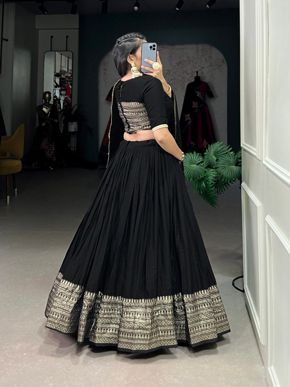 Black Color Pure Chanderi Plain With Zari Weaving Work Border Lehenga Choli