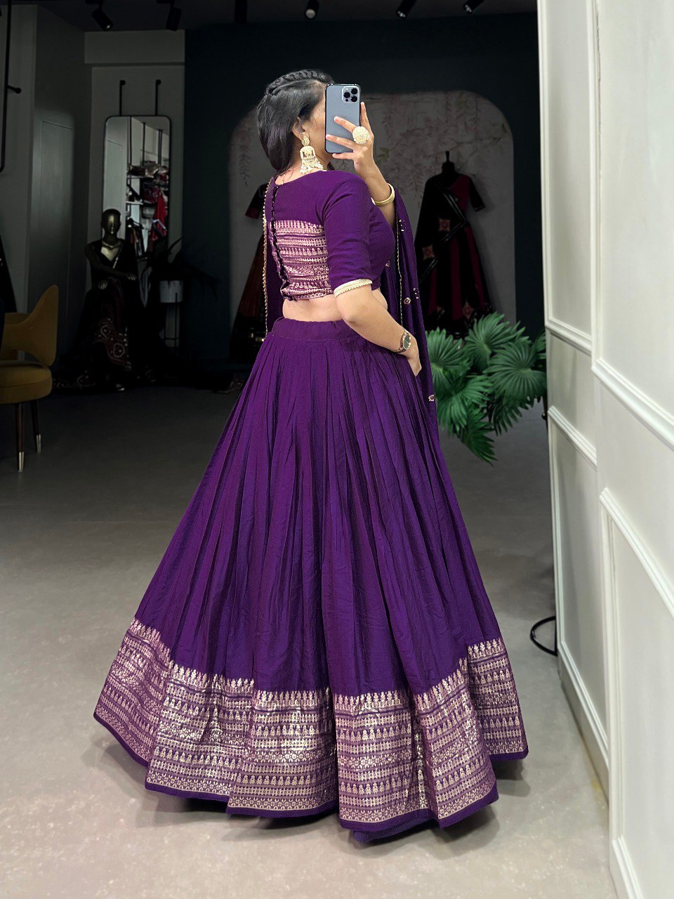 Dark Purple Color Pure Chanderi Plain With Zari Weaving Work Border Lehenga Choli