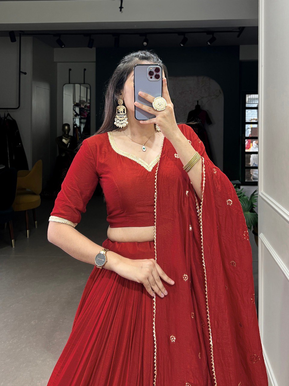 Red Color Pure Chanderi Plain With Zari Weaving Work Border Lehenga Choli