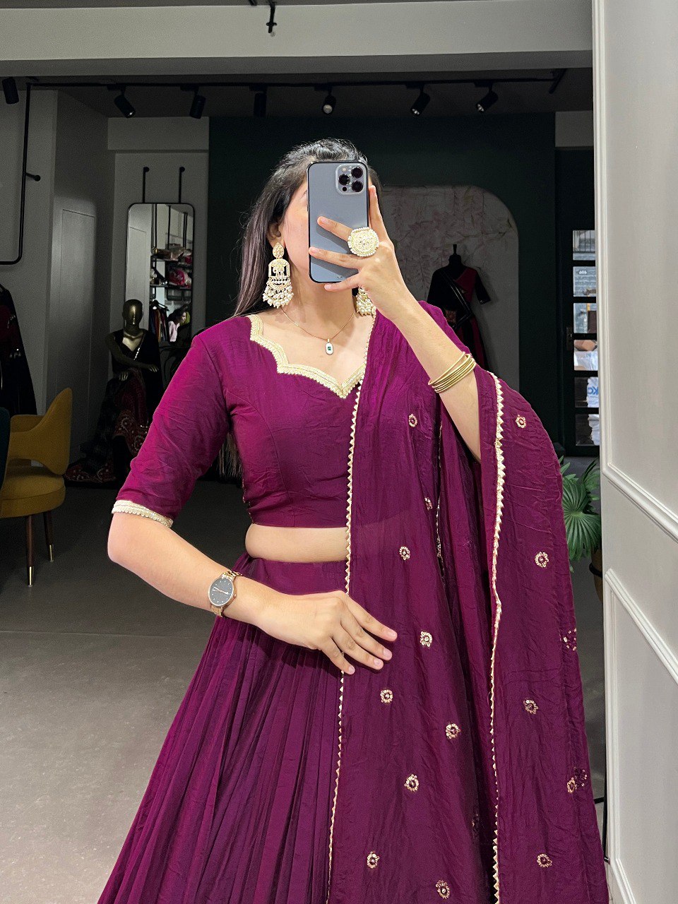 Wine Color Pure Chanderi Plain With Zari Weaving Work Border Lehenga Choli