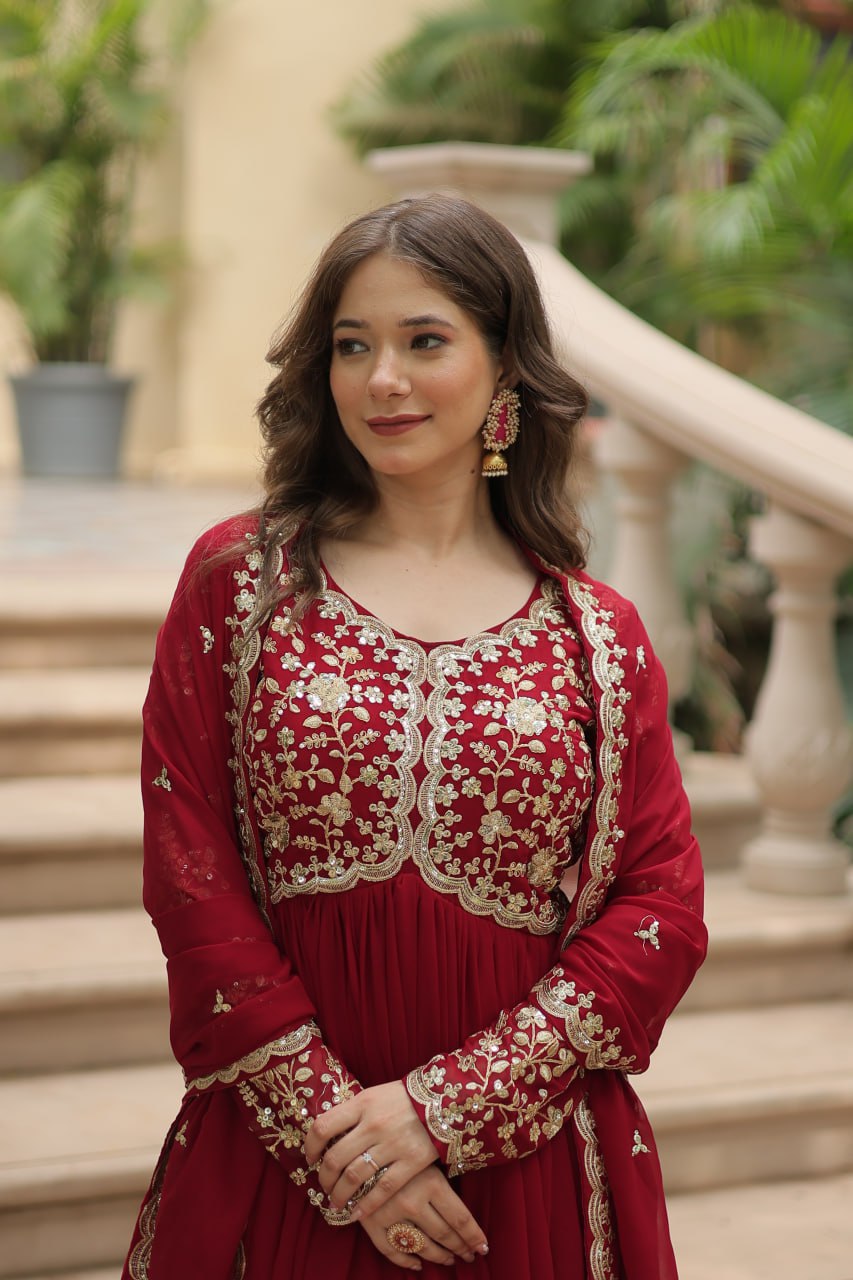Maroon Color Faux Blooming With Sequins Multi Zari Embroidered Work New Collection Gown