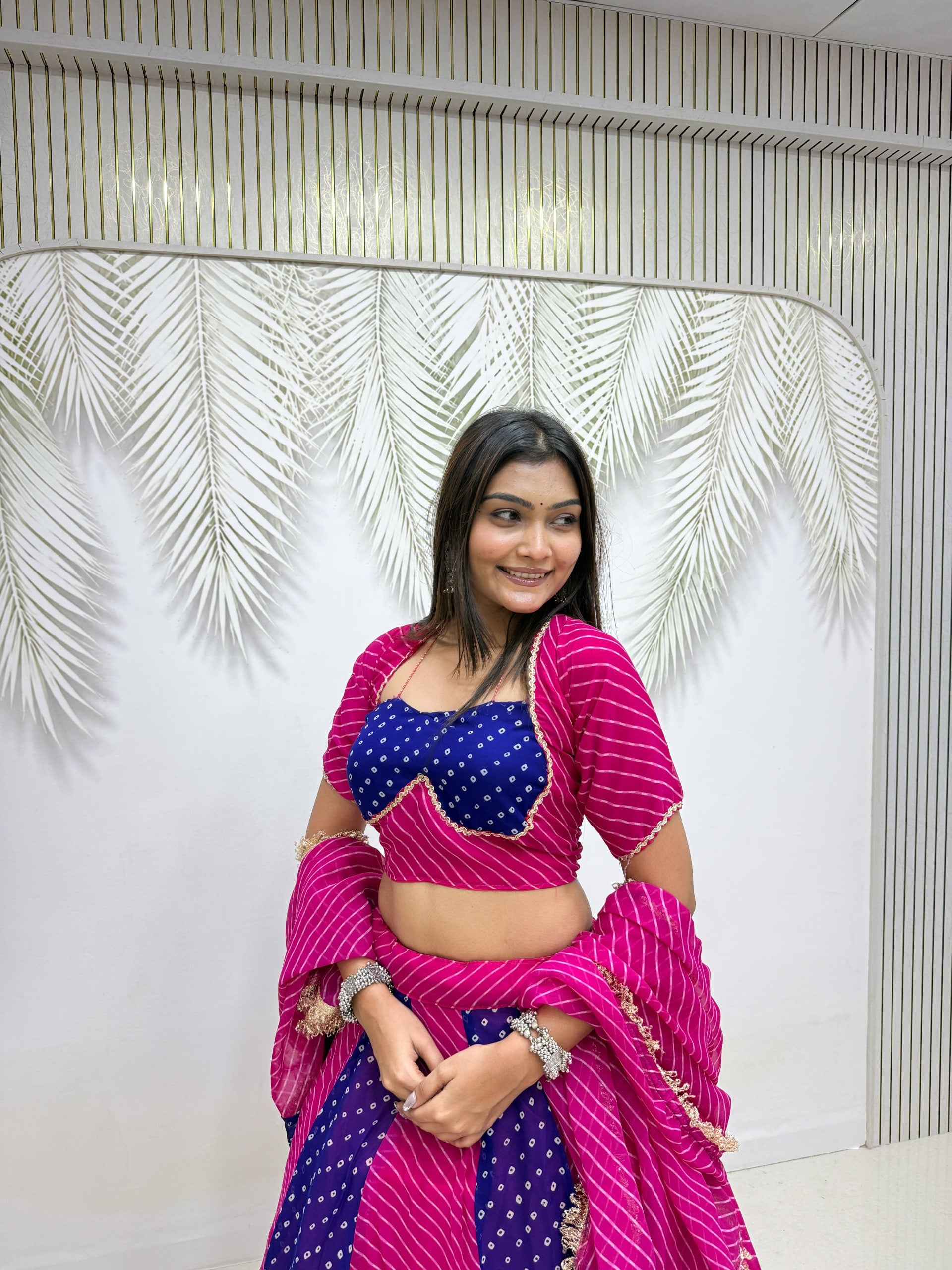 Rani Pink & Royal Blue Heavy Faux Georgette Bandhej Print Lampi Lace Work Lehenga Choli Set