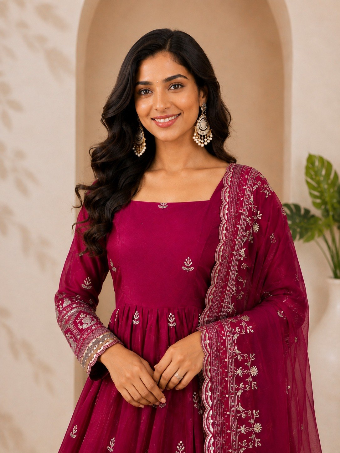 Magenta Pink Premium Fandy Satin Flared Anarkali Gown with Zari, Sequins & Elephant Motif Embroidery, Full Sleeves & Scalloped Dupatta Set