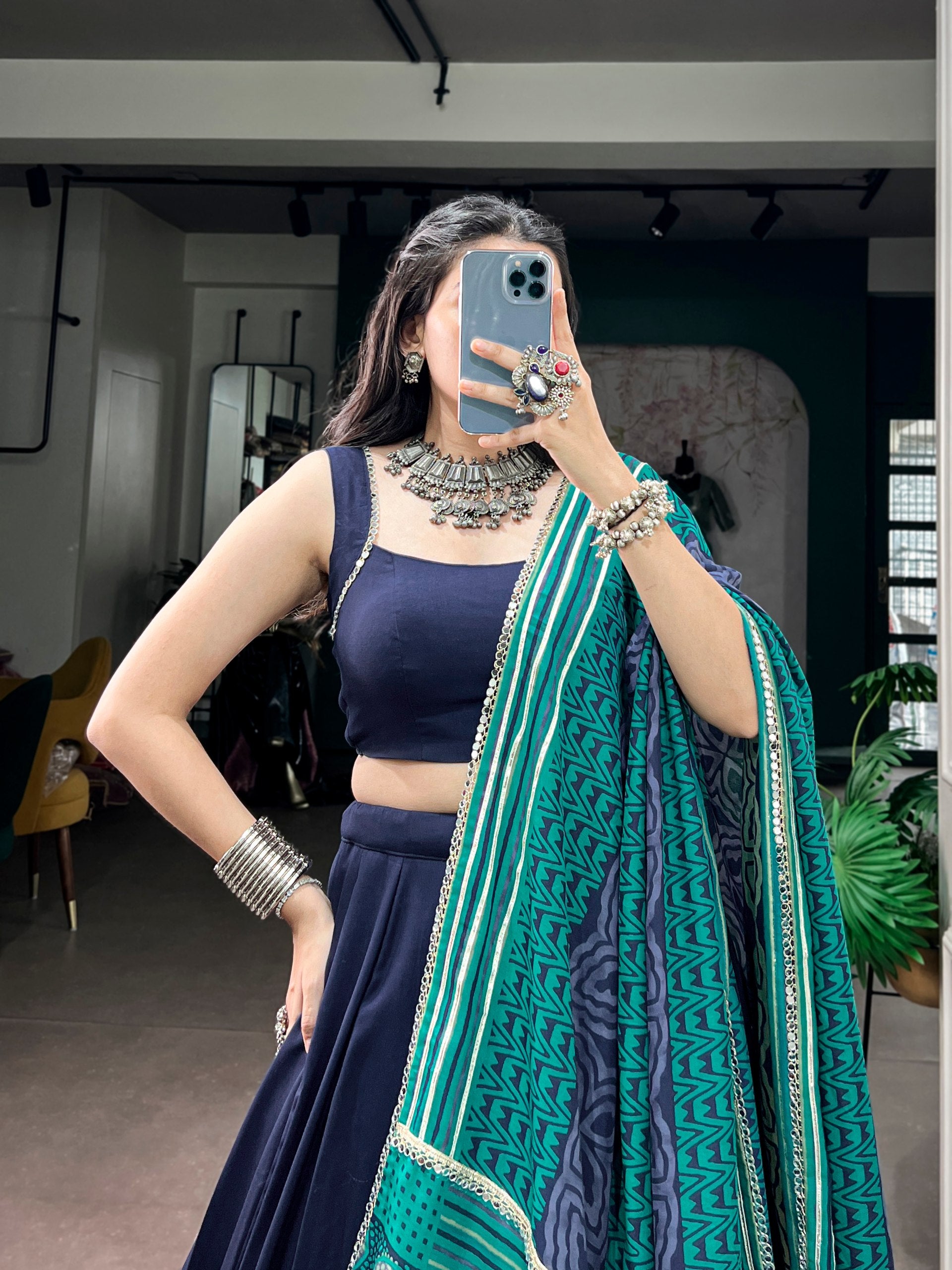 Navy Blue Fendi Silk Flared Lehenga Choli Set with Square Neck Blouse & Printed Multi-Color Dupatta with Mirror Lace