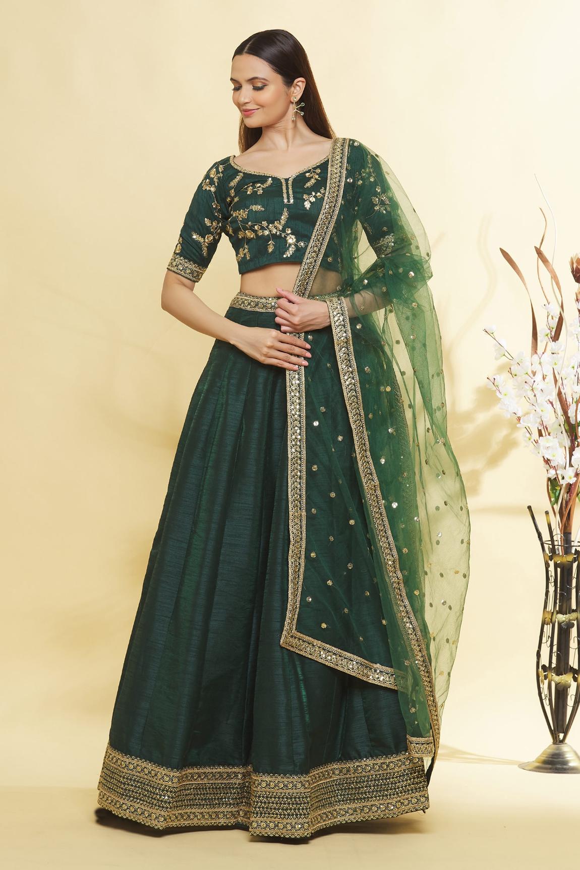 Emerald Bottle Green Heavy Banglory Silk Flared Lehenga Choli Set with Zari, Sequins & Thread Embroidery, Embroidered Waistband Belt & Sheer Net Dupatta