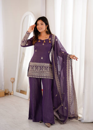 Purple sharara set crunchy silk zari sequins embroidery