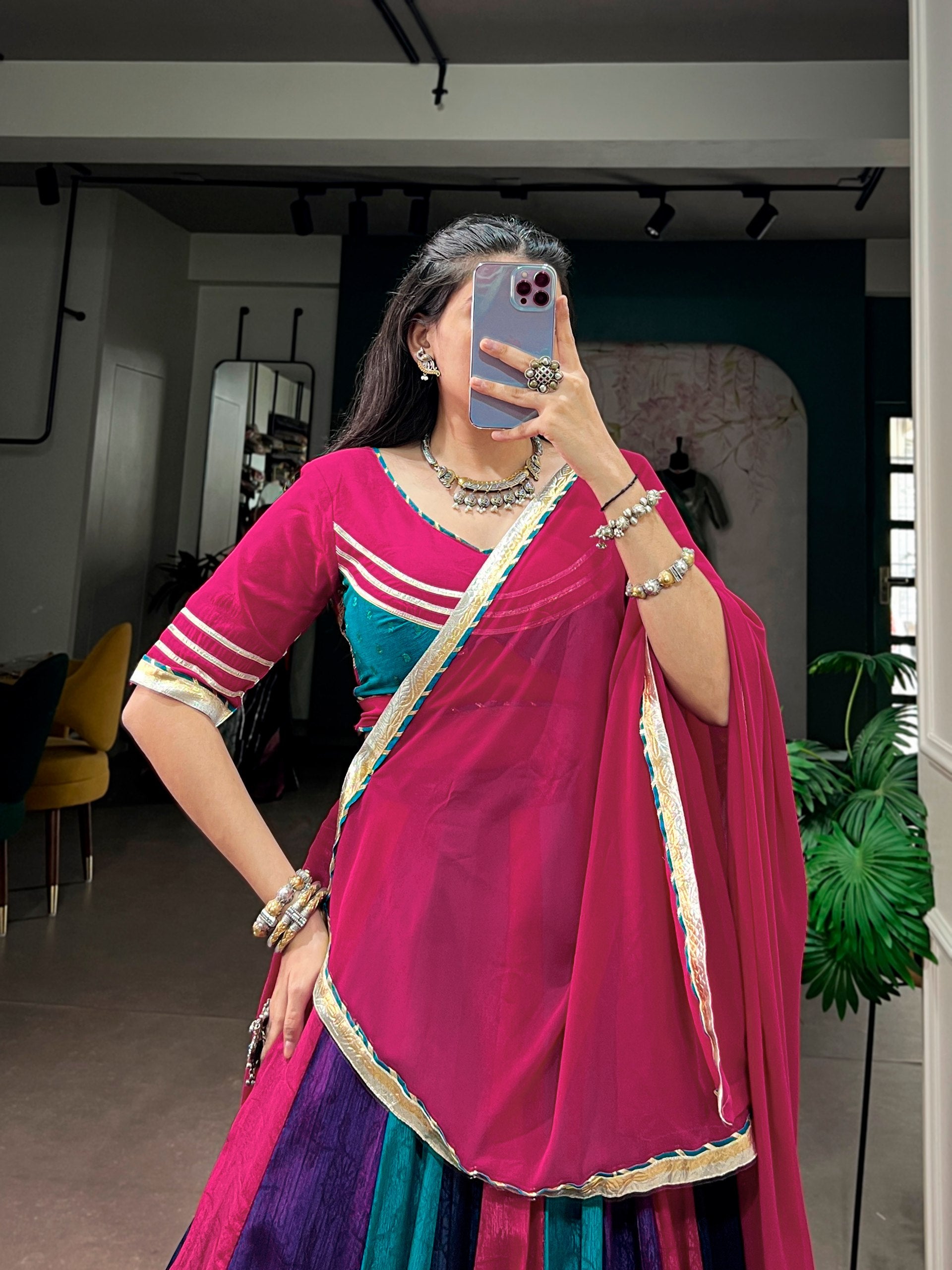 Multi-Color Panelled Chinon Navratri Chaniya Choli Set with Embossed Gota Patti Border, Peacock Green Blouse & Flowing Rani Pink Dupatta