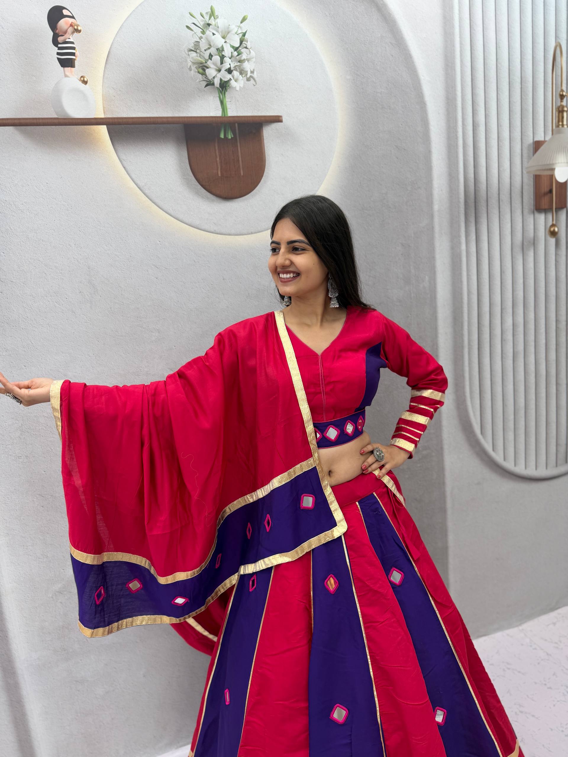 Hot Pink & Royal Blue Color-Blocked Roman Silk Navratri Special Flared Lehenga Choli Set with Real Mirror Work, Gold Gota Patti Borders, Full-Sleeve Blouse & Matching Dupatta