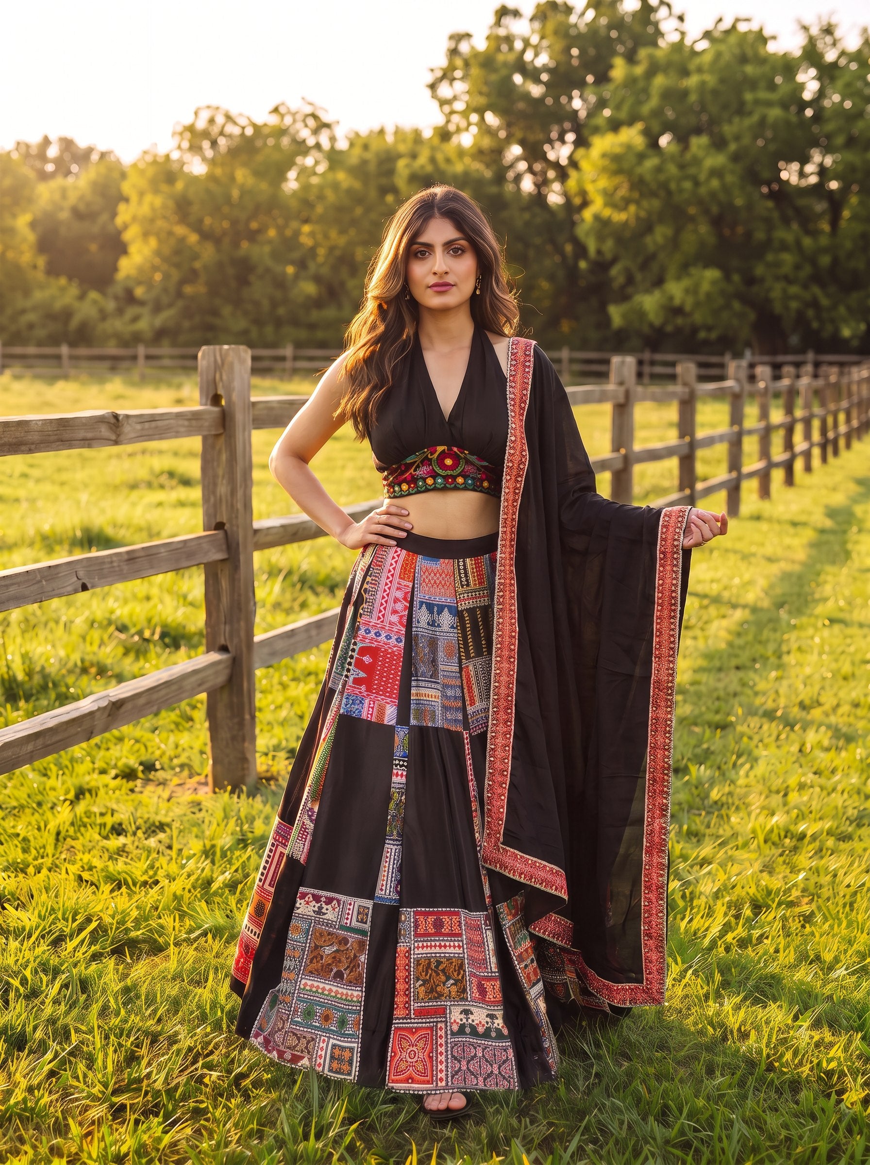 Jet Black French Crepe Navratri Special Flared Lehenga Choli Set with Multi-Color Ajrakh & Patchwork Digital Print, Traditional Kutchi Thread & Mirror Work Halter-Neck Blouse & Border Dupatta