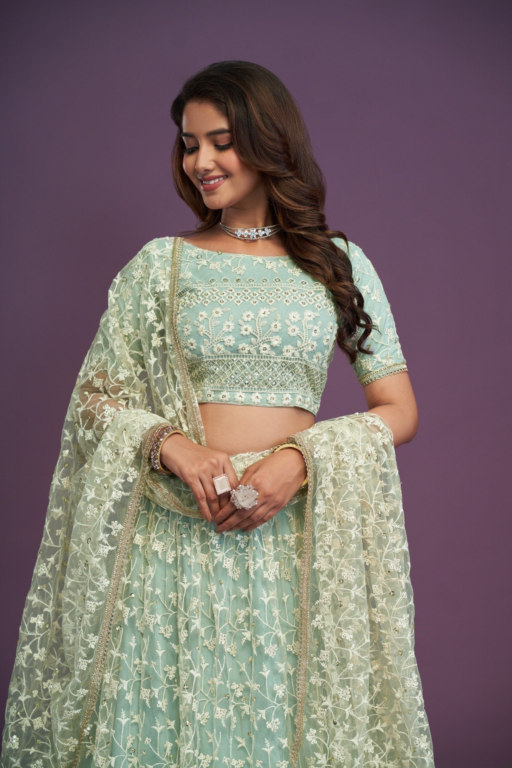 Pastel Mint Green Soft Net Flared Semi-Stitched Lehenga Choli Set with Delicate Floral Threadwork, Shimmering Sequins, Boat Neck Choli & Matching Embroidered Dupatta with Cancan & Canvas