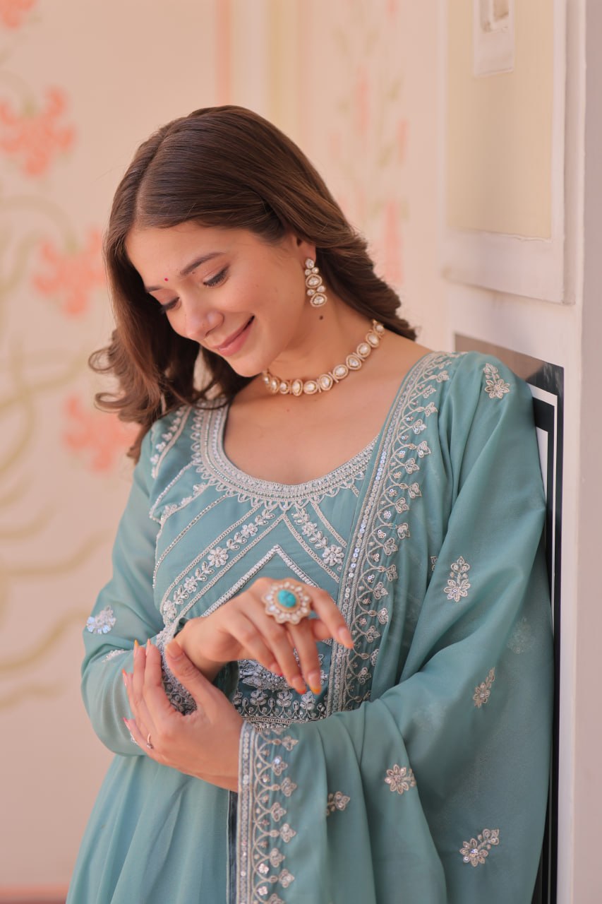 Mocha Taupe Star Georgette Flared Floor-Length Anarkali Gown with Rich Coding, Sequins & Bead Embroidered Bodice and Matching Embroidered Dupatta (Copy)