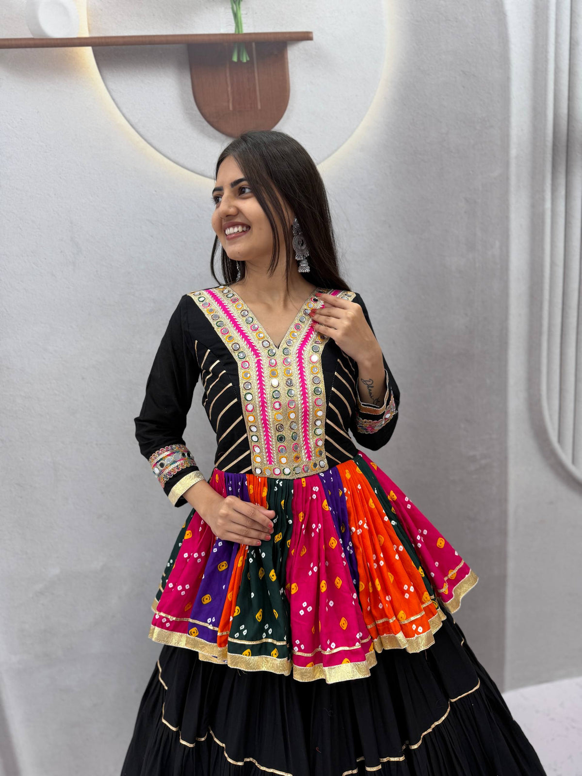 Black Pure Cotton Gamthi & Mirror Work Kediya Top With Tiered Flared Lehenga Set | Navratri Special