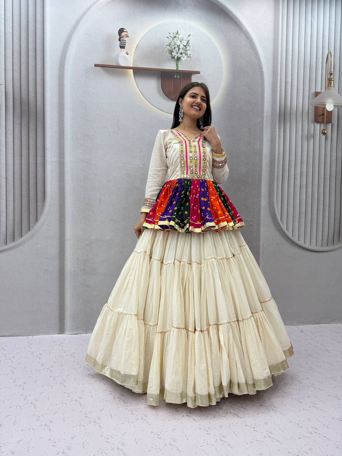 Off-White Pure Cotton Gamthi & Mirror Work Kediya Top With Tiered Flared Lehenga Set | Navratri Special