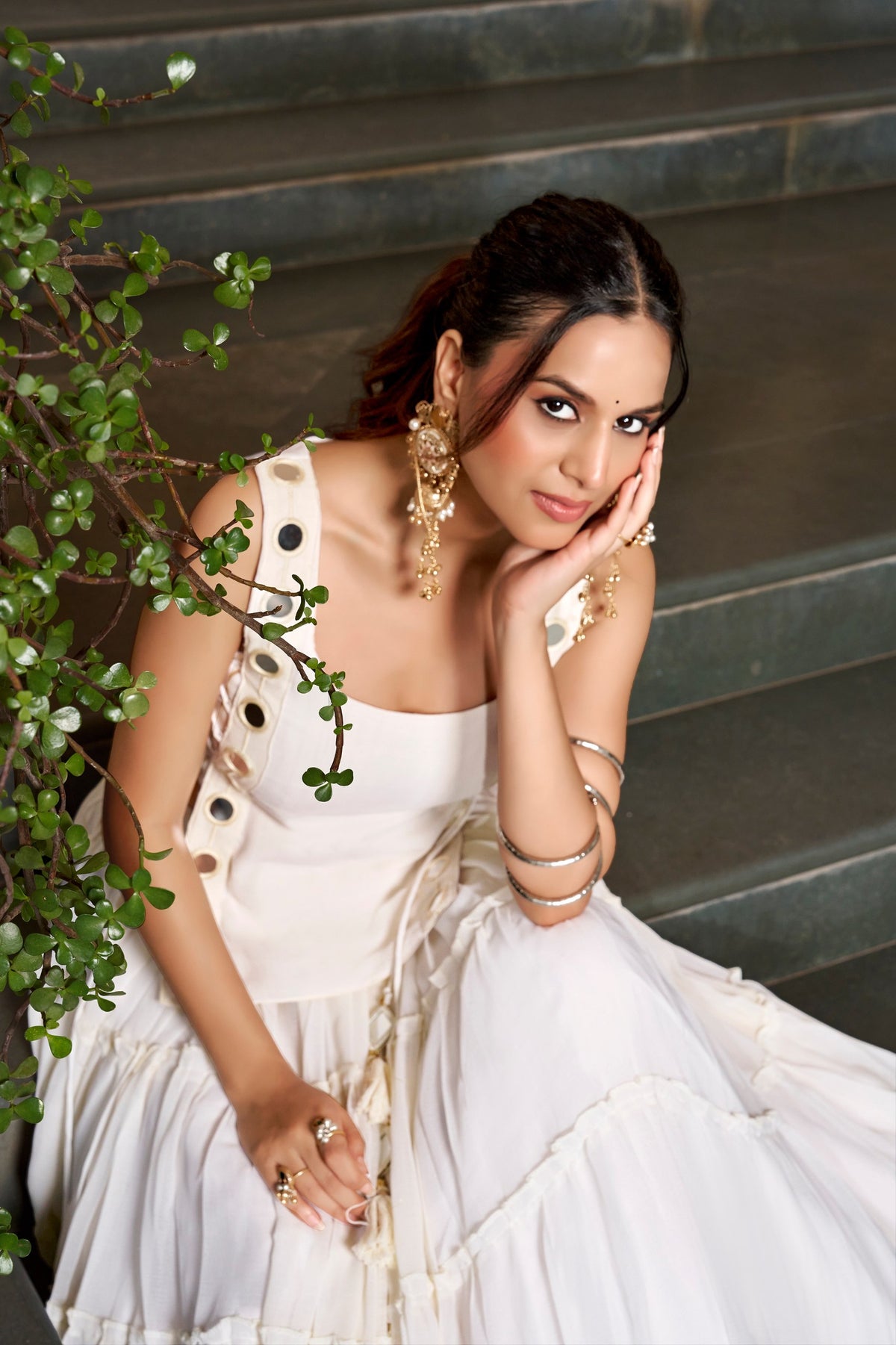 Off-White Lightweight Georgette Tiered Navratri Lehenga Choli Set With Mirror Accents