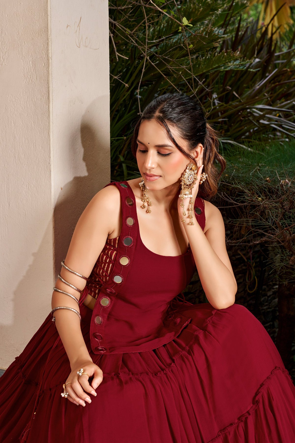 Maroon Lightweight Georgette Tiered Navratri Lehenga Choli Set With Mirror Accents
