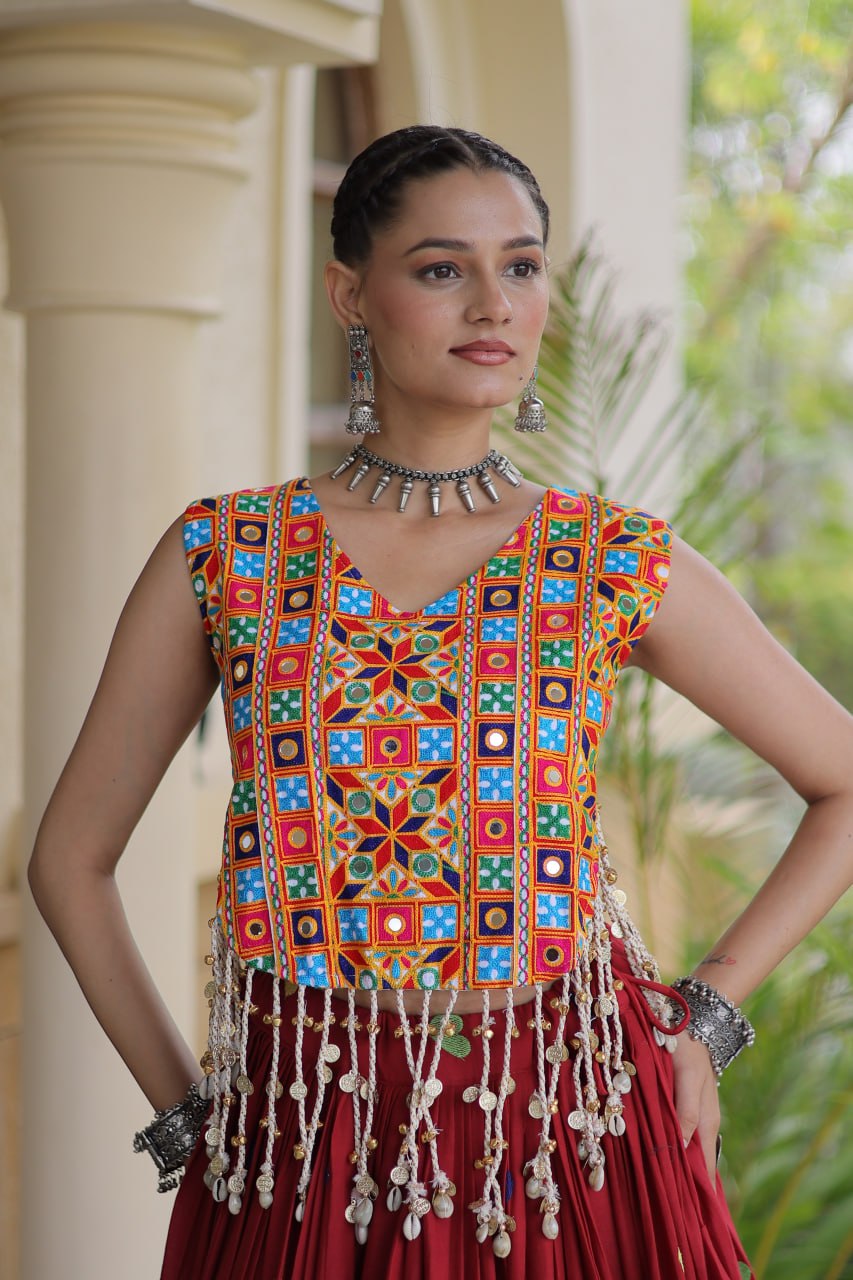 Maroon Red Cora Cotton Heart Thread Embroidery Navratri Lehenga Choli Set With Shell Fringe Top