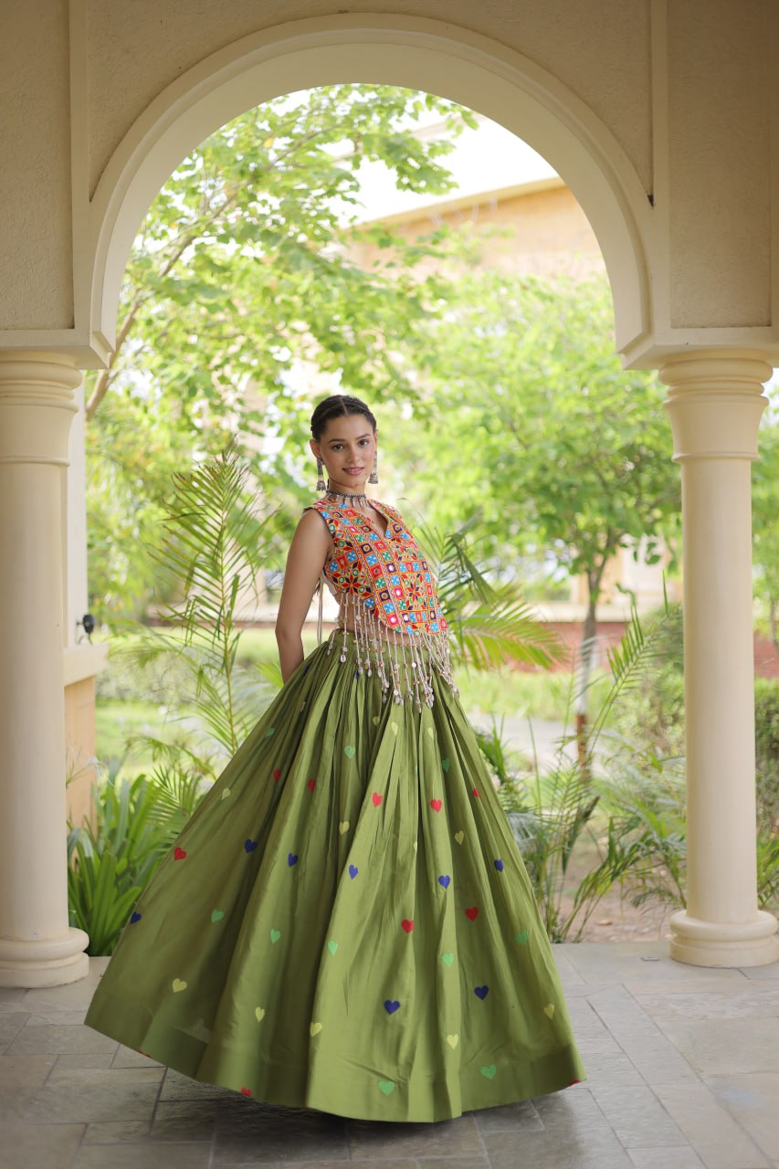 Olive Green Cora Cotton Heart Thread Embroidery Navratri Lehenga Choli Set With Shell Fringe Top