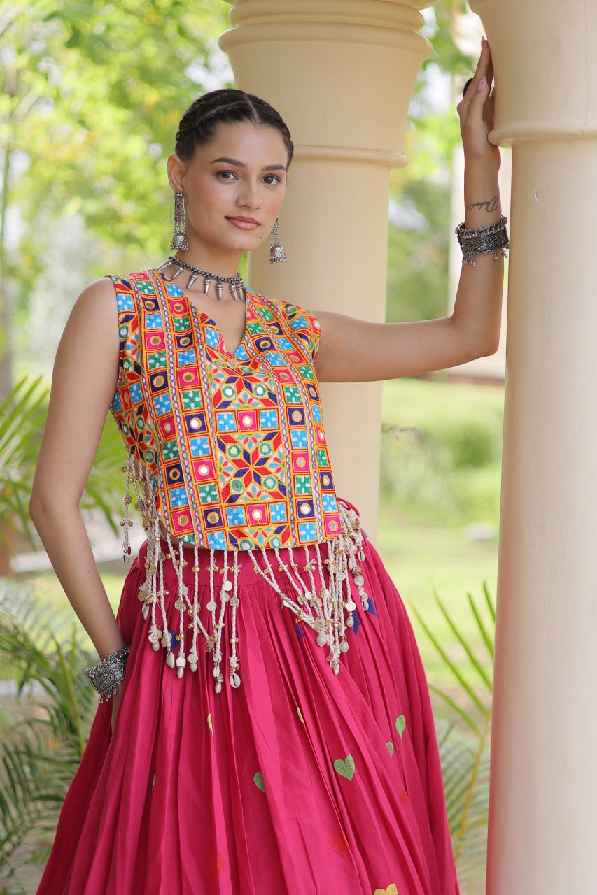 Rani Pink Cora Cotton Heart Thread Embroidery Navratri Lehenga Choli Set With Shell Fringe Top