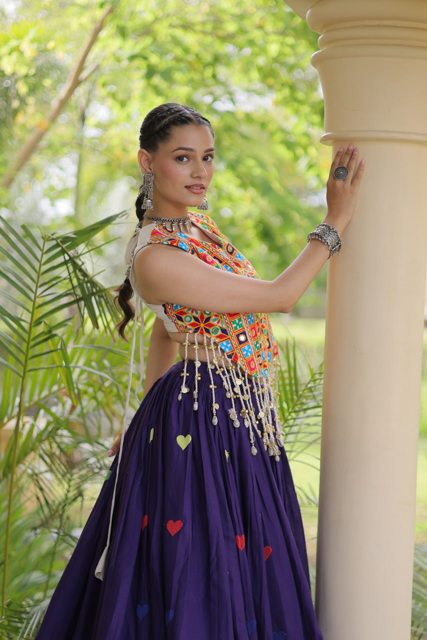 Purple Cora Cotton Heart Thread Embroidery Navratri Lehenga Choli Set With Shell Fringe Top