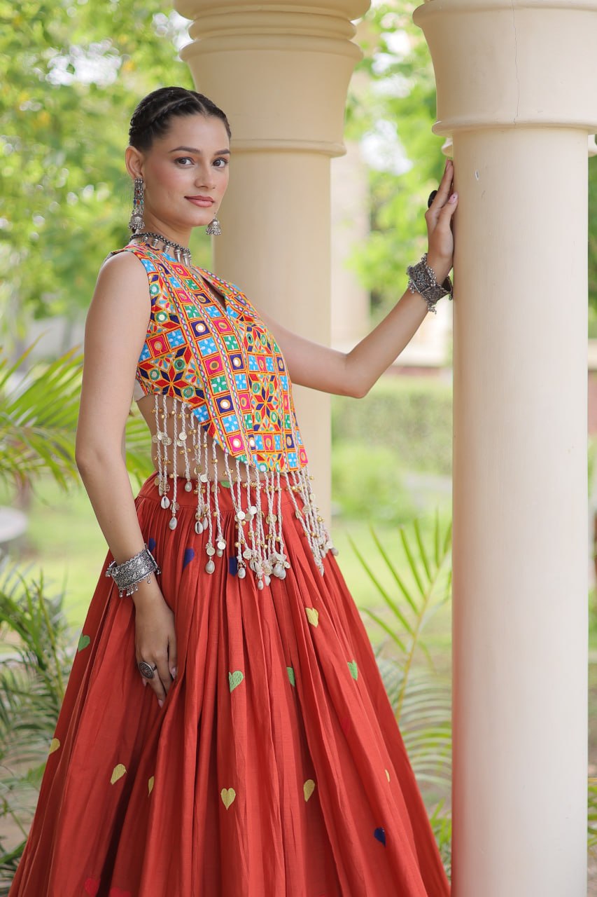 Rust Orange Cora Cotton Heart Thread Embroidery Navratri Lehenga Choli Set With Shell Fringe Top