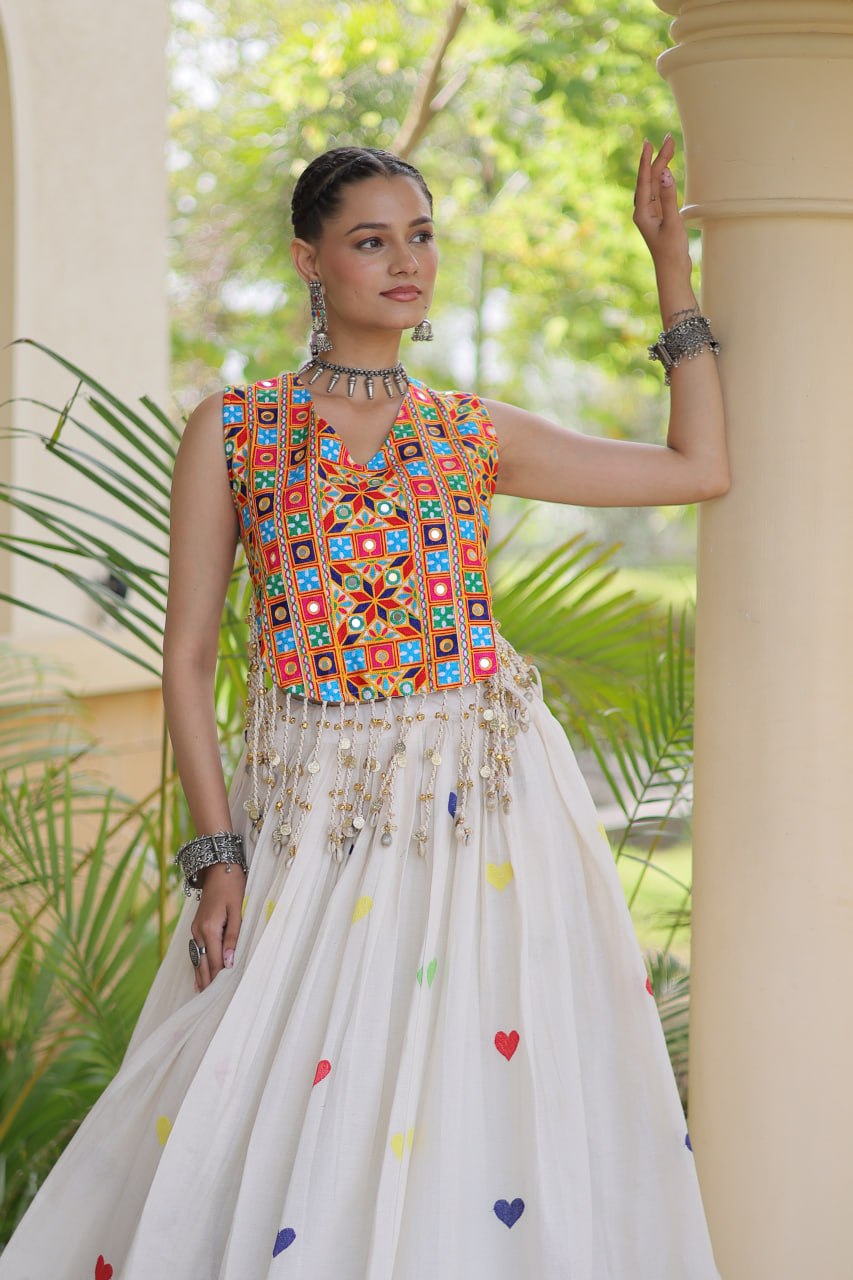 Off-White Cora Cotton Heart Thread Embroidery Navratri Lehenga Choli Set With Shell Fringe Top