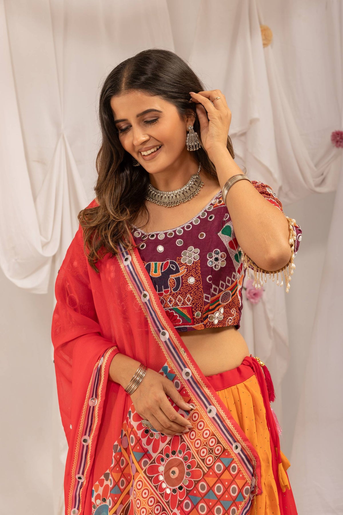 Multi-Color Orange & Red Faux Georgette Hot Fix Diamond Navratri Lehenga Choli Set