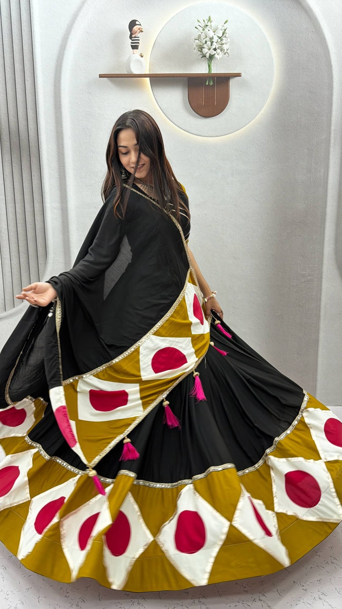 Black Pure Cotton Geometric Patchwork & Gota Patti Work Navratri Lehenga Choli Set With Dupatta