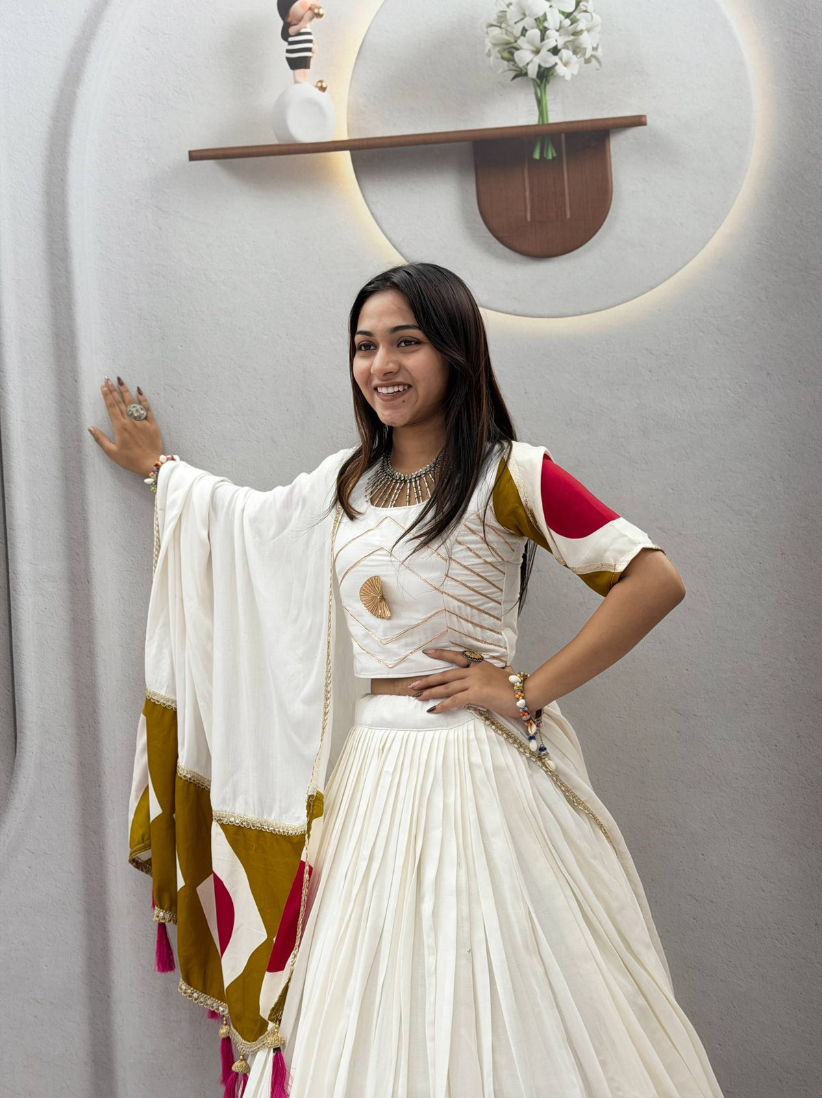 Off-White Pure Cotton Geometric Patchwork & Gota Patti Work Navratri Lehenga Choli Set With Dupatta