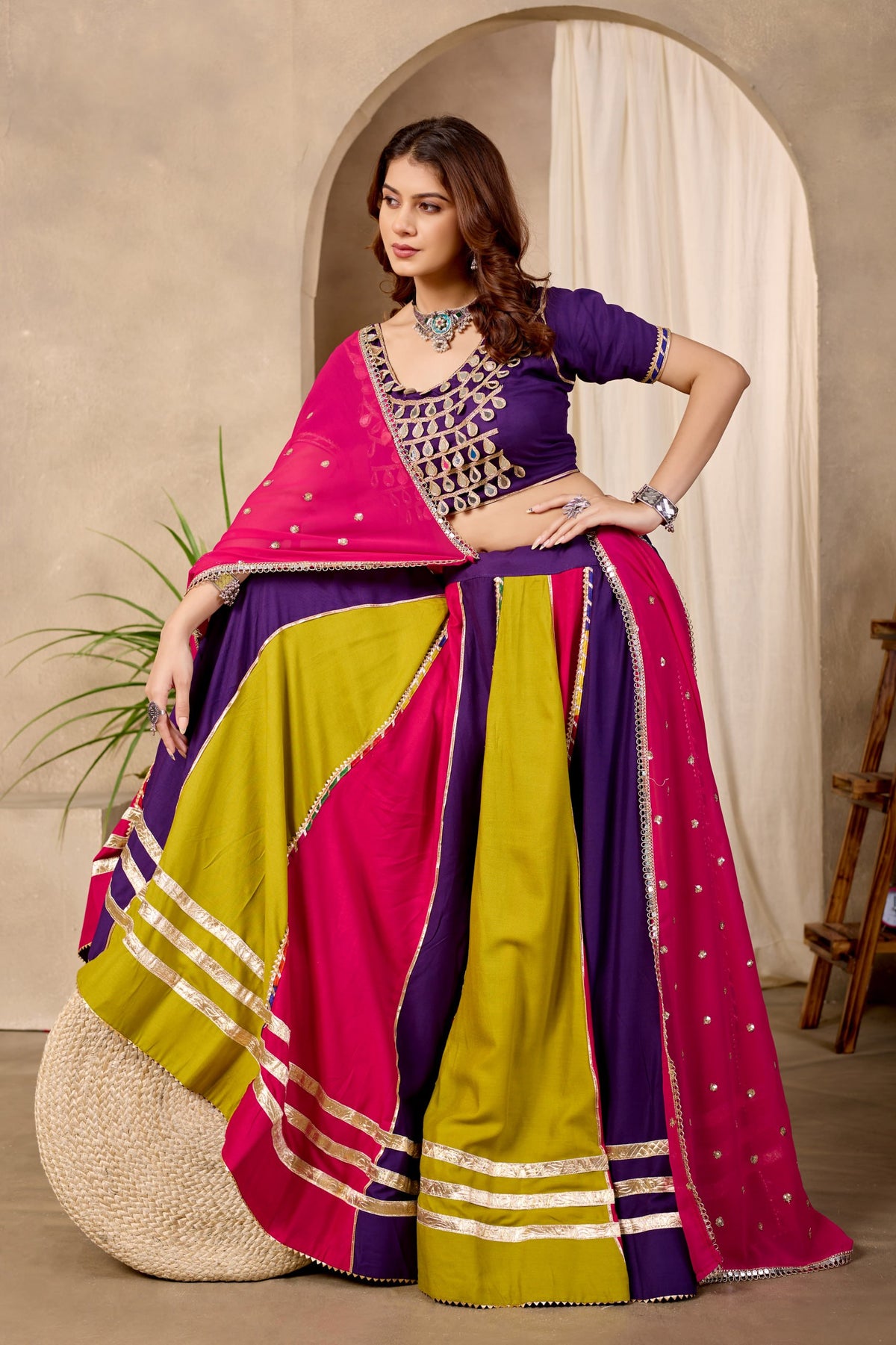 Multi-Color Pure Cotton Fancy Lace & Mirror Work Navratri Lehenga Choli Set