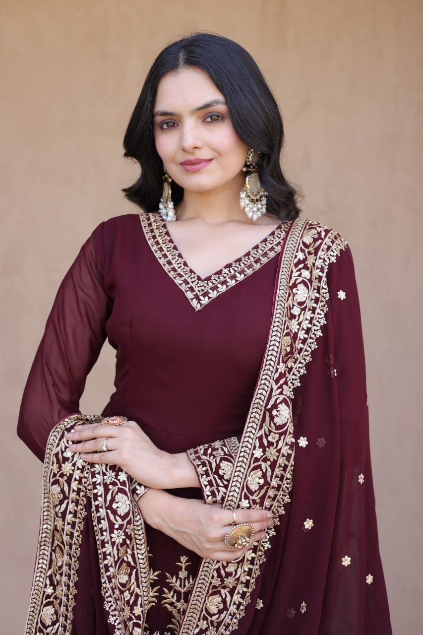 Maroon Faux Blooming Georgette Embroidered Multi-Sequins Work Full Sleeves Gown Set