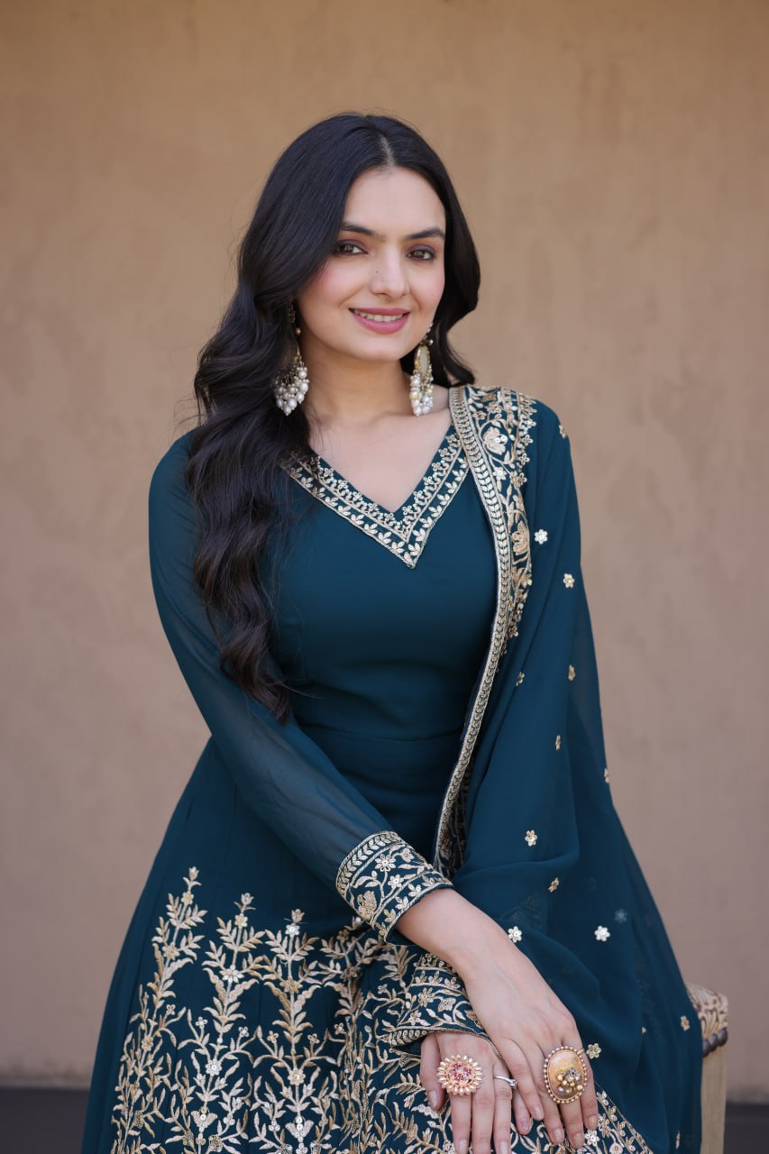 Teal Blue Faux Blooming Georgette Embroidered Multi-Sequins Work Full Sleeves Gown Set