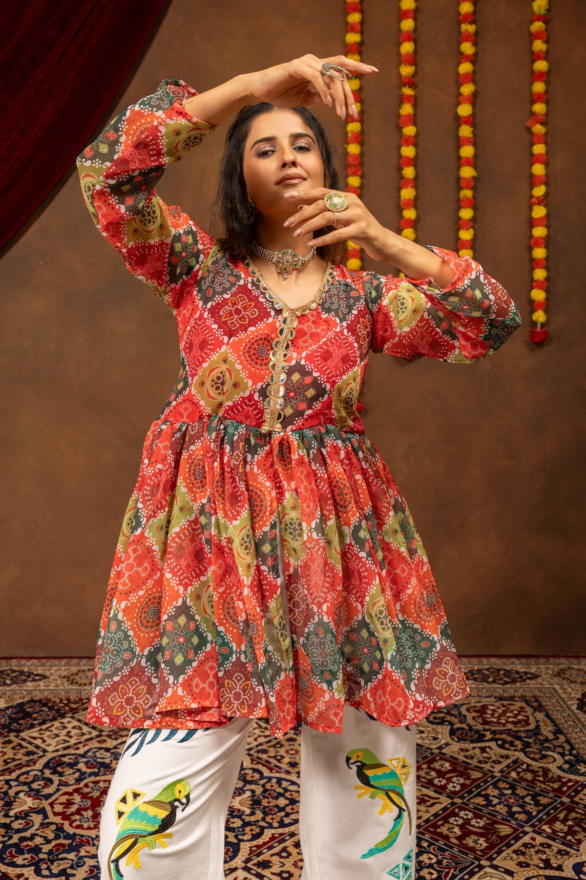 Multicolor Bandhani Printed Faux Georgette Kurti with White Patchwork Pants & Real Mirror Lace Touch-Up Navratri Special