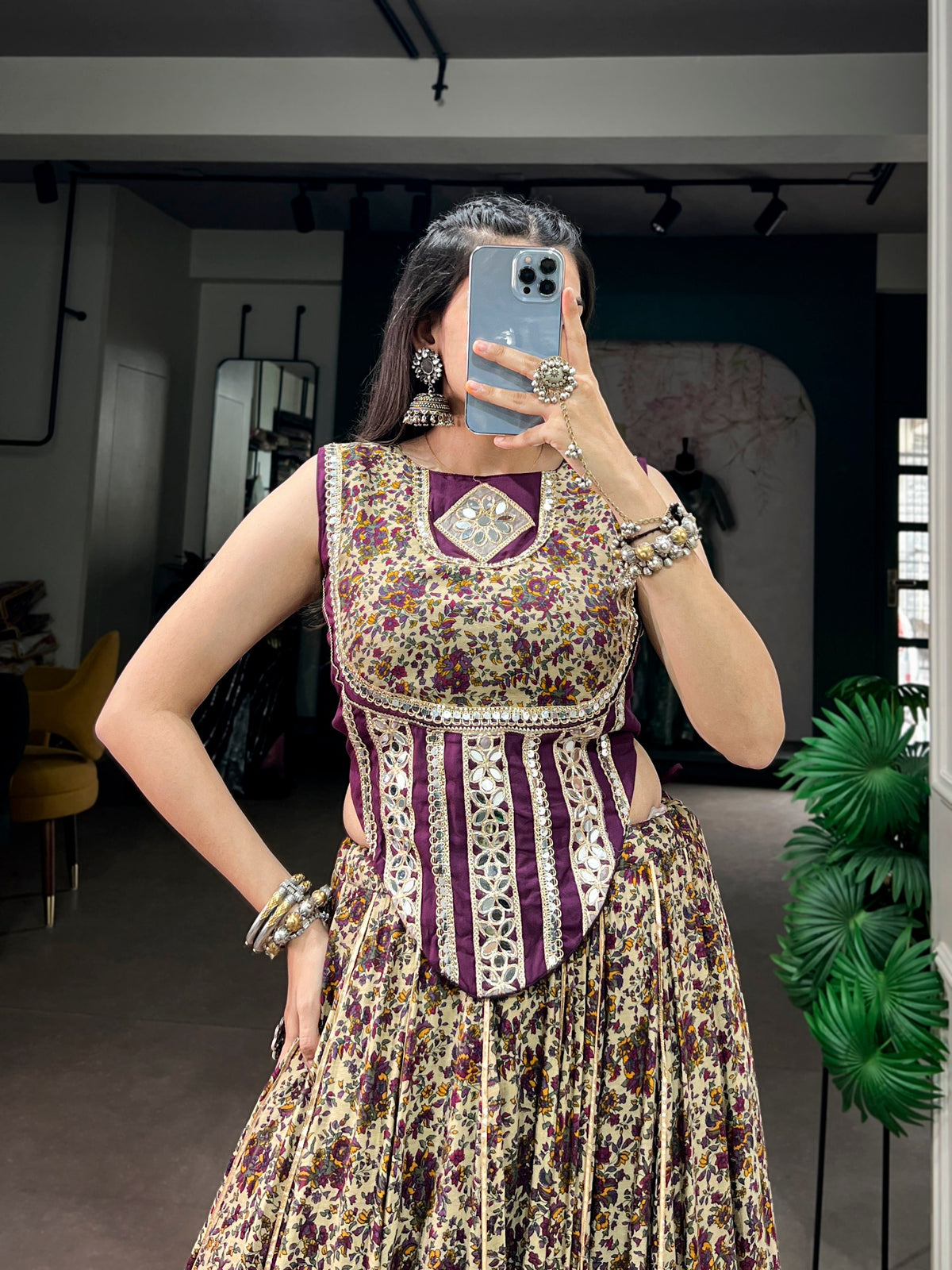 Beige & Purple Floral Print Polyester Viscose Chanderi Cotton Navratri Lehenga Choli with Real Mirror Lace Detailing & Koti Style Blouse