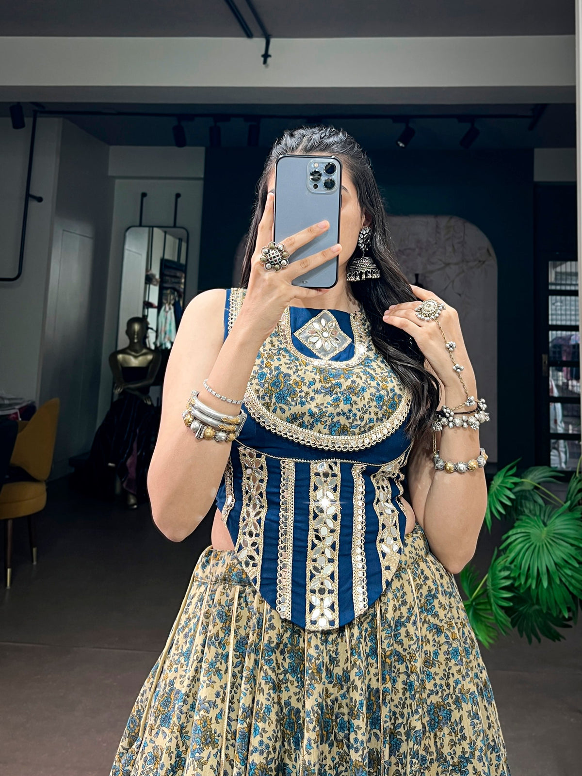 Beige & Teal Blue Floral Print Polyester Viscose Chanderi Cotton Navratri Lehenga Choli with Real Mirror Lace Detailing & Koti Style Blouse