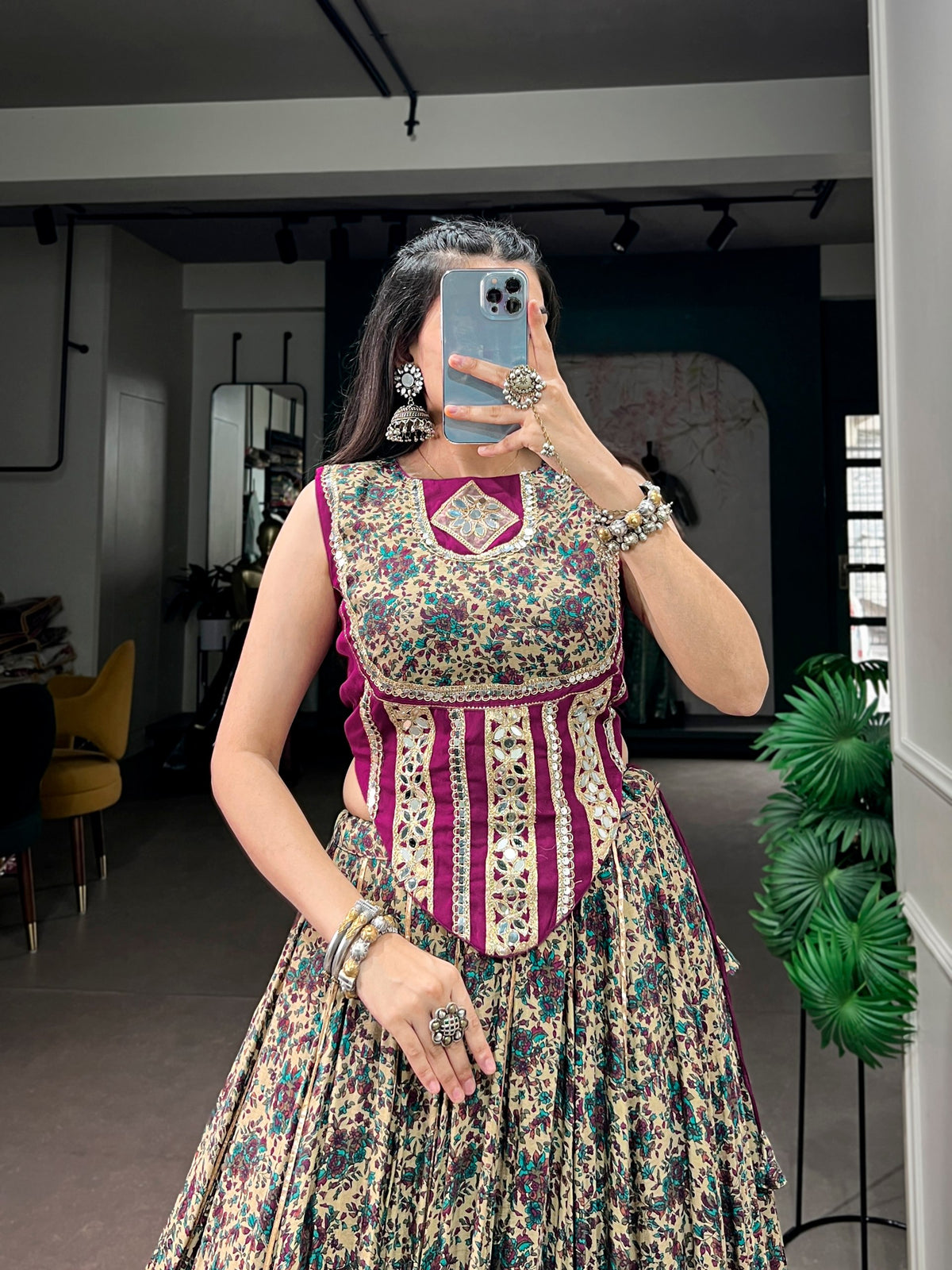 Beige & Magenta Floral Print Polyester Viscose Chanderi Cotton Navratri Lehenga Choli with Real Mirror Lace Detailing & Koti Style Blouse