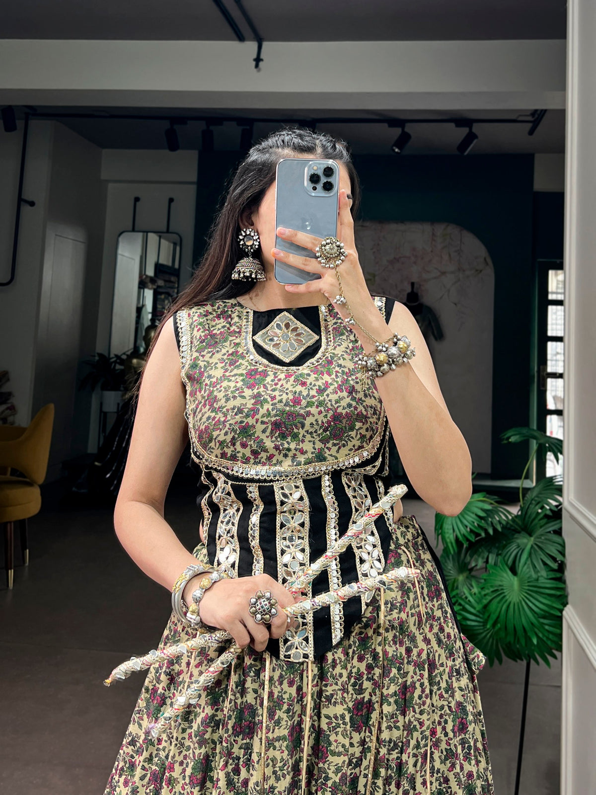 Beige Floral Print Polyester Viscose Chanderi Cotton Navratri Lehenga Choli with Real Mirror Lace Detailing & Black Backless Blouse