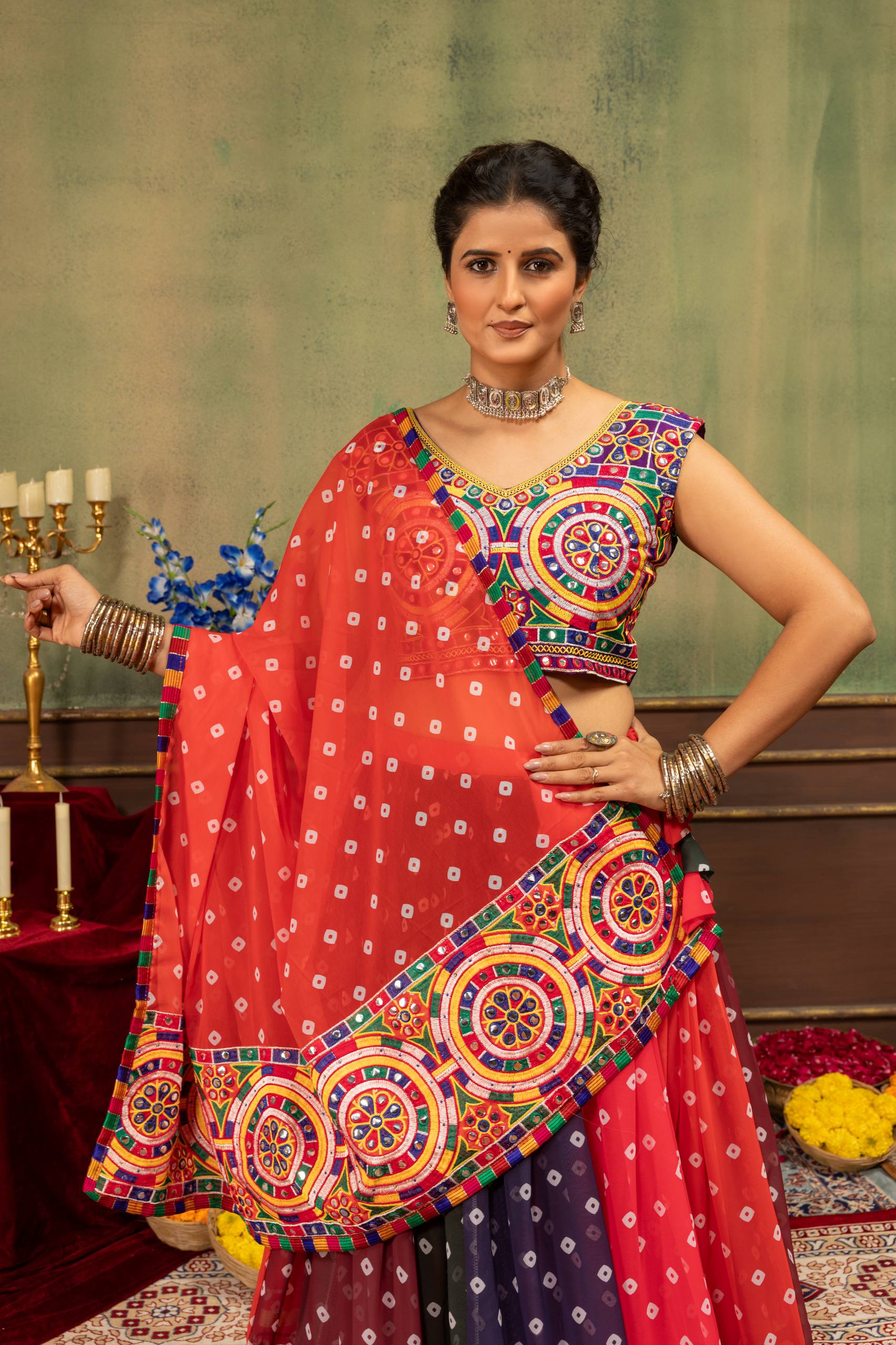 Multicolor Bandhani Printed Faux Georgette Navratri Lehenga Choli with Heavy Kutchi Embroidery Work, Fancy Lace & Canvas Stitching