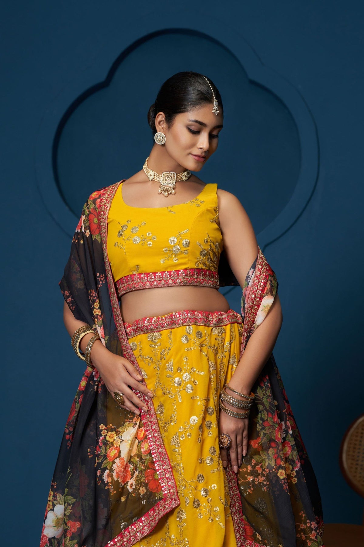 Yellow Georgette Zari & Sequin Embroidered Lehenga Choli Set with Charcoal Floral Dupatta