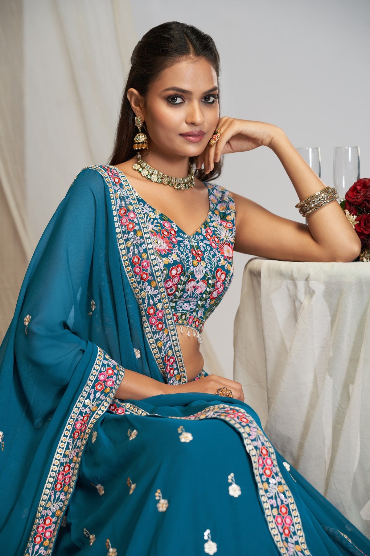 Peacock Blue Georgette Zari & Sequin Embroidered Lehenga Choli Set with Floral Threadwork Dupatta