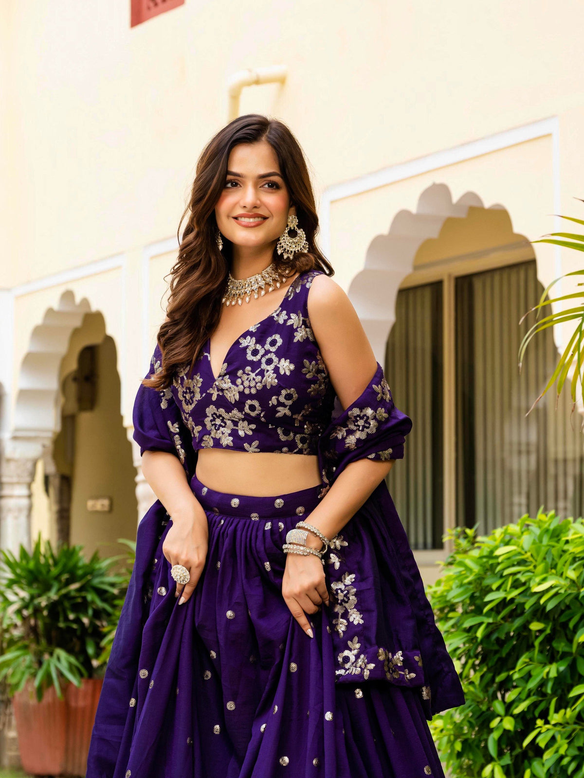 Deep Purple Vichitra Silk Zari & Sequin Embroidery Lehenga Choli Set with Matching Dupatta