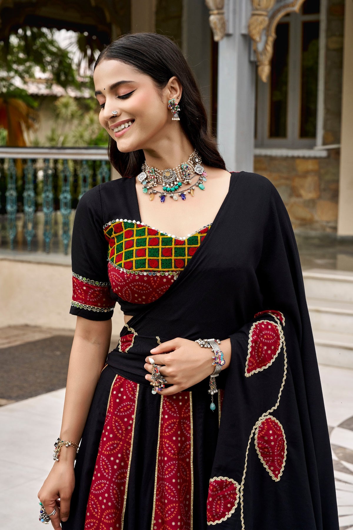 Black & Maroon Rayon Printed Navratri Lehenga Choli with Gota Patti, Mirror Lace Touch-Up & Patchwork Dupatta