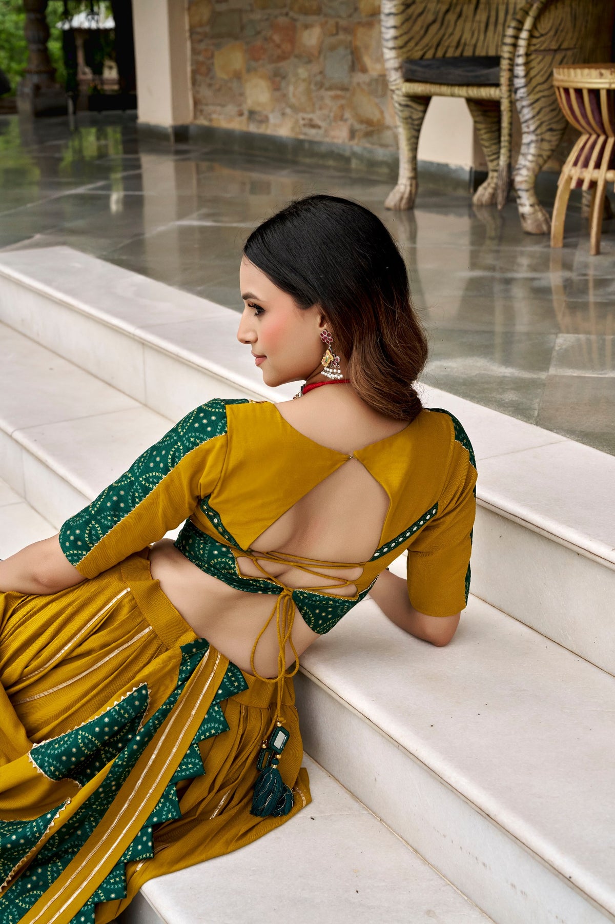 Mustard Yellow & Green Bandhani Printed Rayon Navratri Lehenga Choli with Gota Patti, Mirror Lace Touch-Up & Tassels