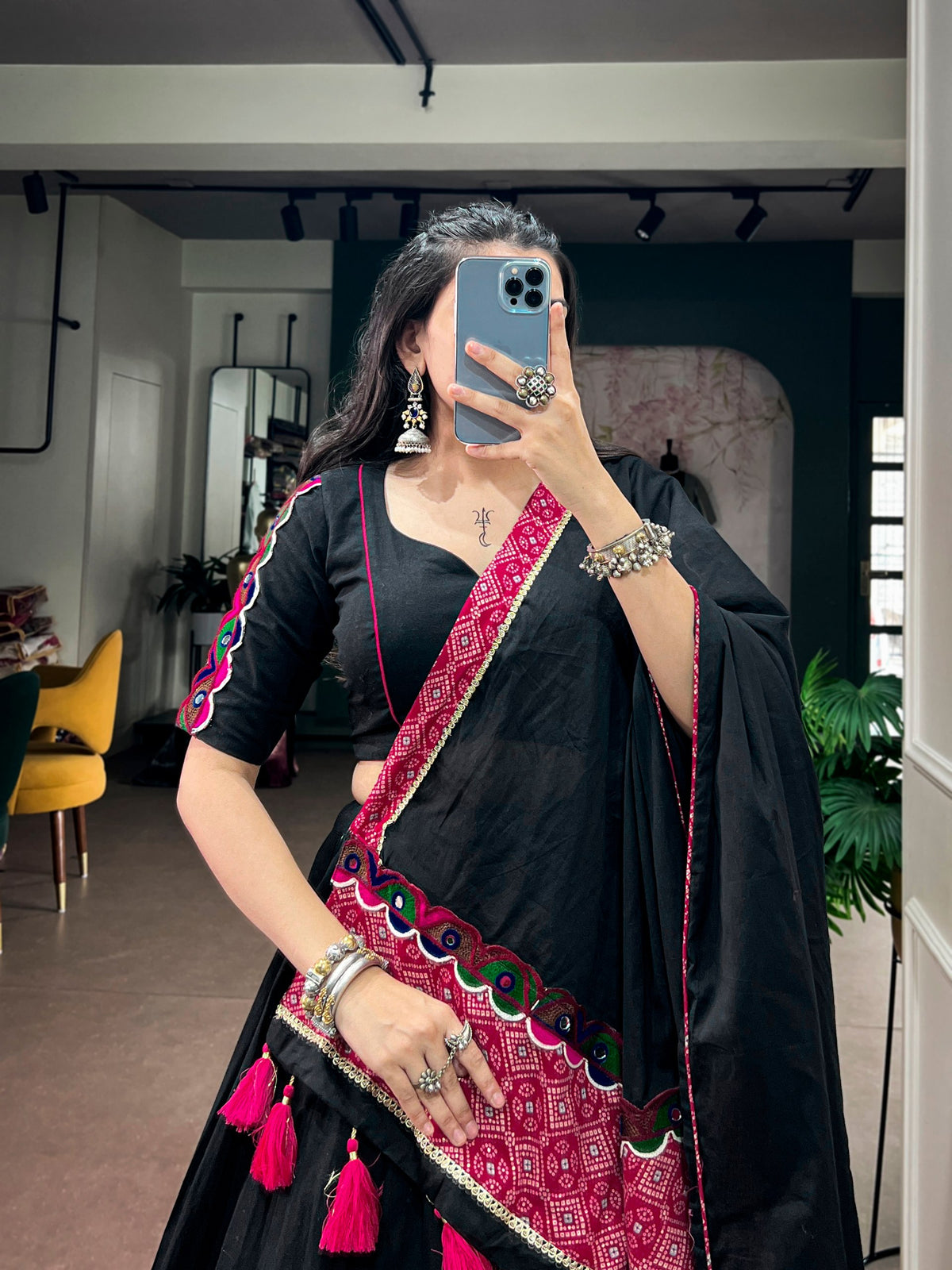 Black Khadi Cotton Navratri Lehenga Choli with Multicolor Traditional Patchwork Panels, Gamthi Lace Border & Tassels