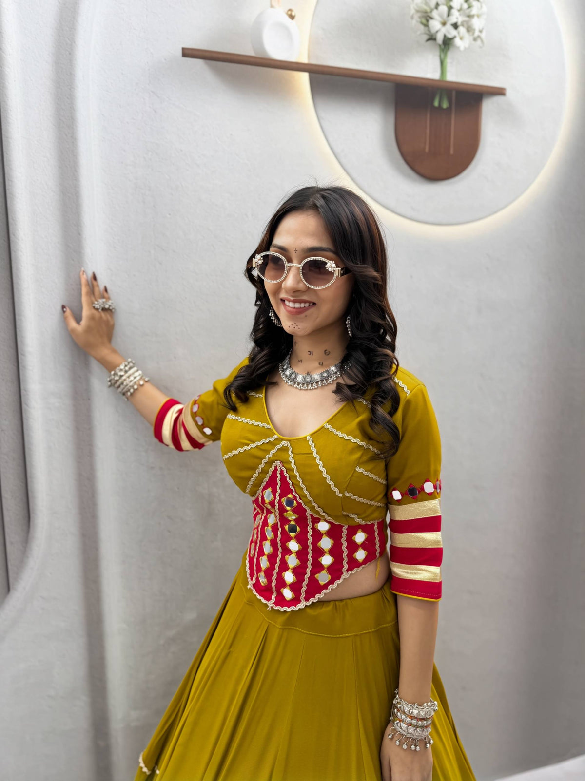 Mustard Yellow Pure Cotton Navratri Lehenga Choli with Heavy Mirror Handwork, Patchwork Accent & Designer Lace Border