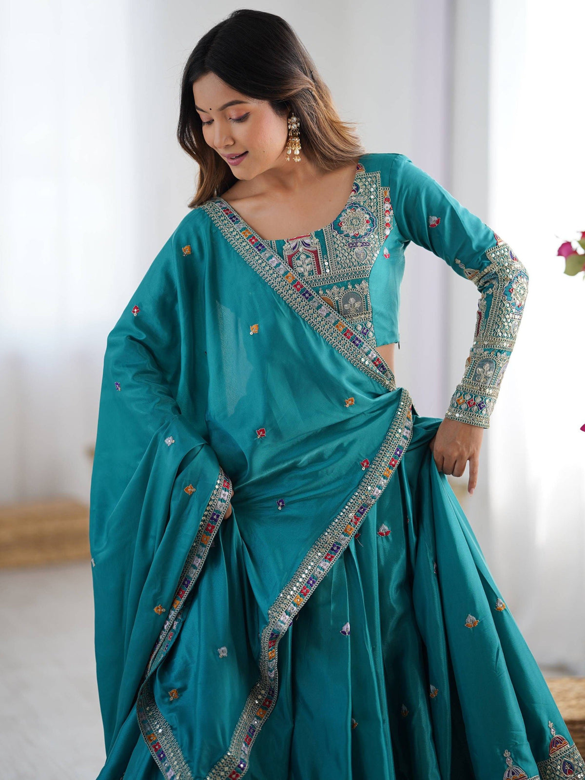 Teal Blue French Crepe Multi-Thread & Sequin Embroidered Lehenga Choli Set